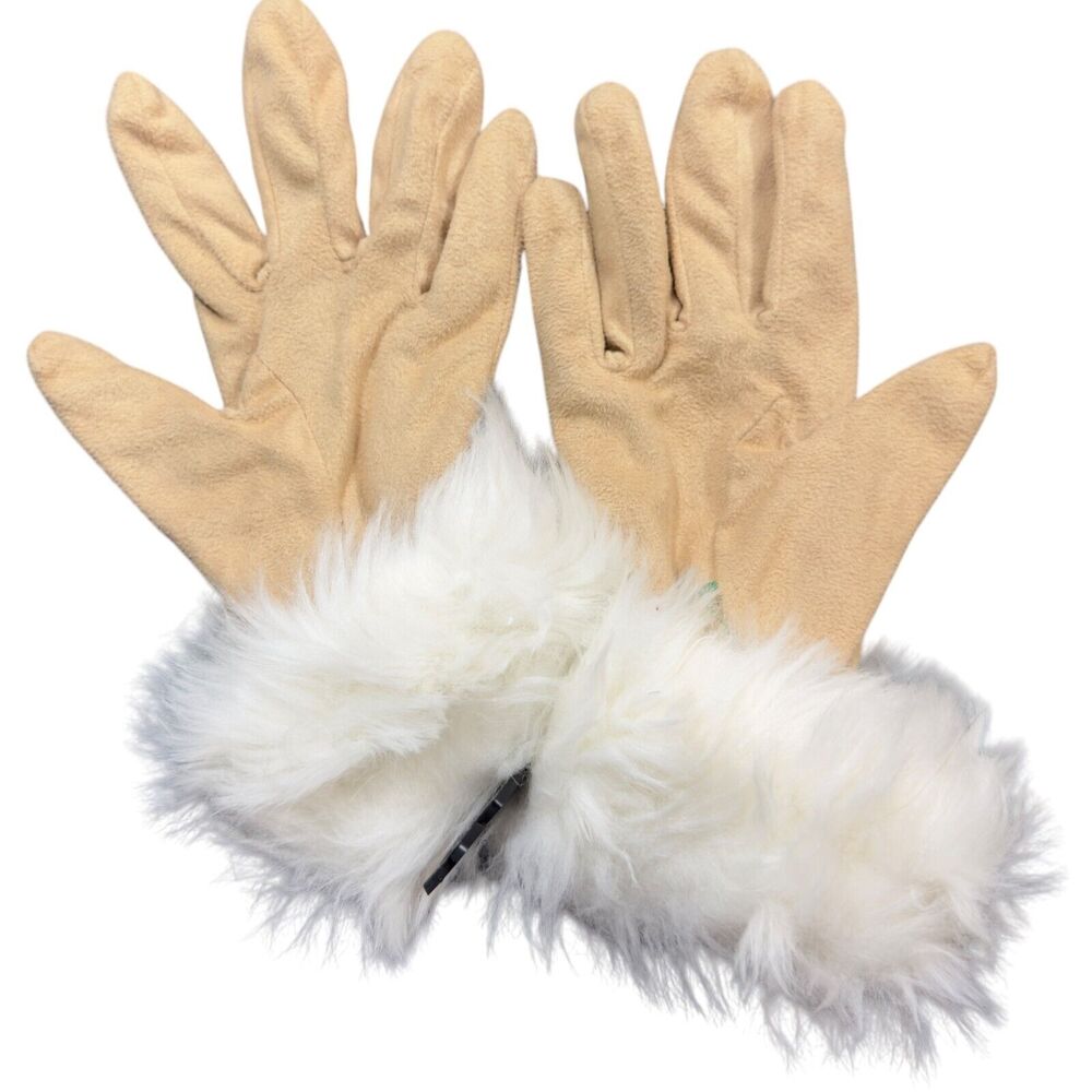 Chill Proof Winter Warm Gloves Womens Beige 100% Polyester Lined Faux Fur Trim